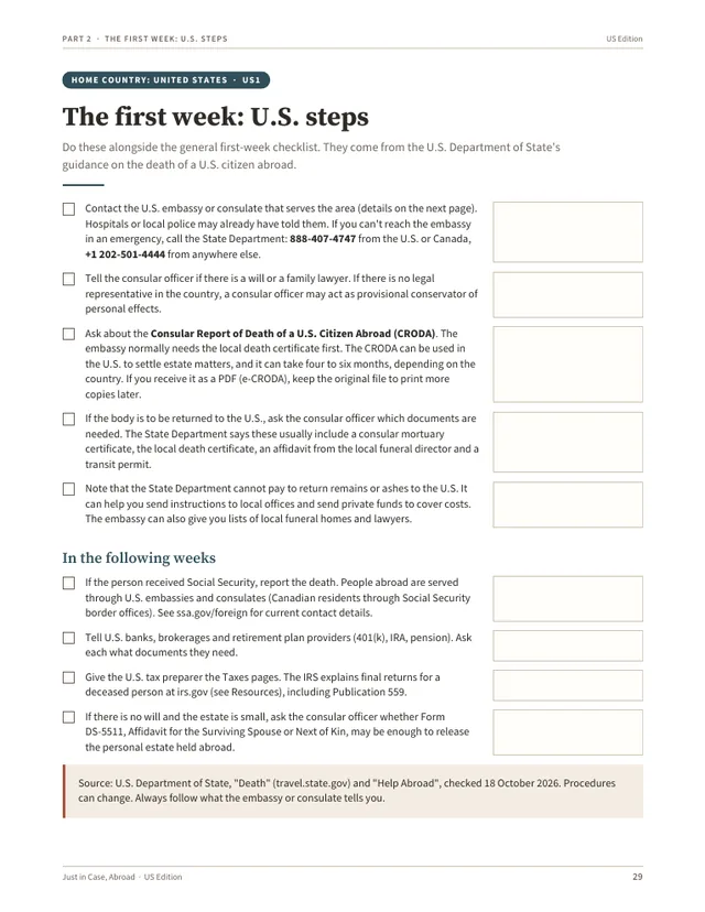 The first week: U.S. steps page, a checklist based on State Department guidance