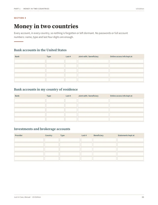 Money in two countries page with fillable rows for bank accounts in the US and in the country of residence