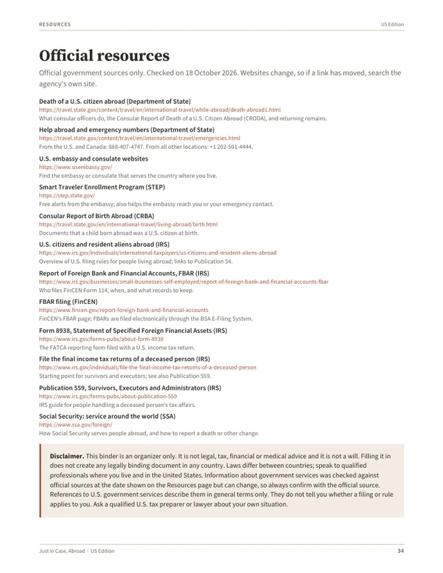 Resources page listing official State Department, IRS, FinCEN and Social Security links