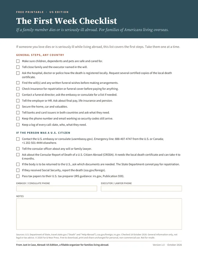 One-page First Week checklist for family members
